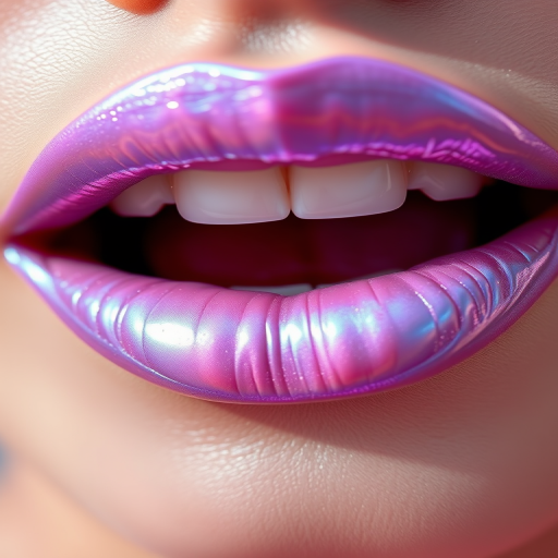 Ethereal iridescent lip gloss transforms ordinary lips into a mesmerizing display of shifting colors, from lavender to pale blue, catching light at every angle