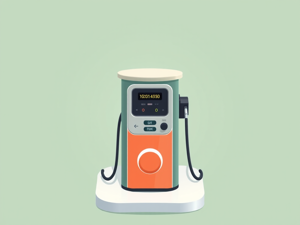 Create a high-resolution vector image of a fuel pump, with a minimalist design, soft green color palette, ISO 100, aperture f/8, 50mm lens, top-down view, digital illustration style.