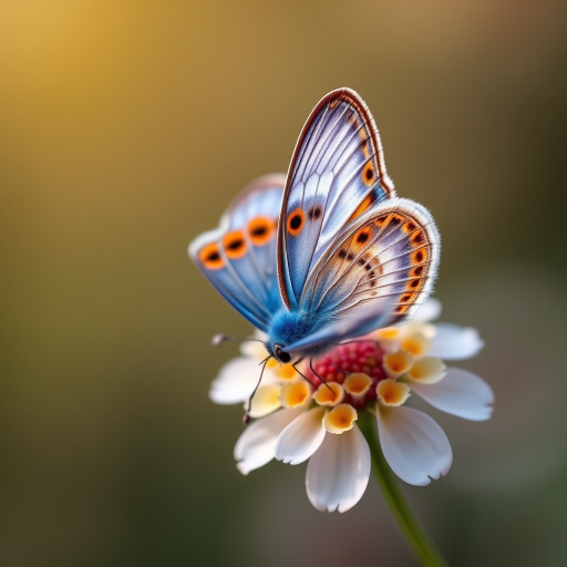 Generate an image of a butterfly perched on a delicate flower. The butterfly should have vibrant blue wings with orange spots, showcasing intricate patterns. The background should be softly blurred to emphasize the butterfly and the flower, creating a serene and natural atmosphere.