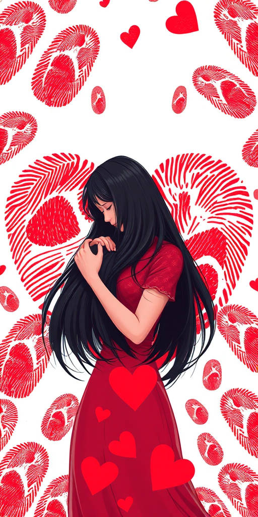Create an illustration of a woman with long dark hair embracing herself, centered inside a large heart made of red fingerprints, using a digital art style, with high resolution and vibrant colors, simulating a smartphone camera with a 50mm lens, f/1.8 aperture, and soft focus.