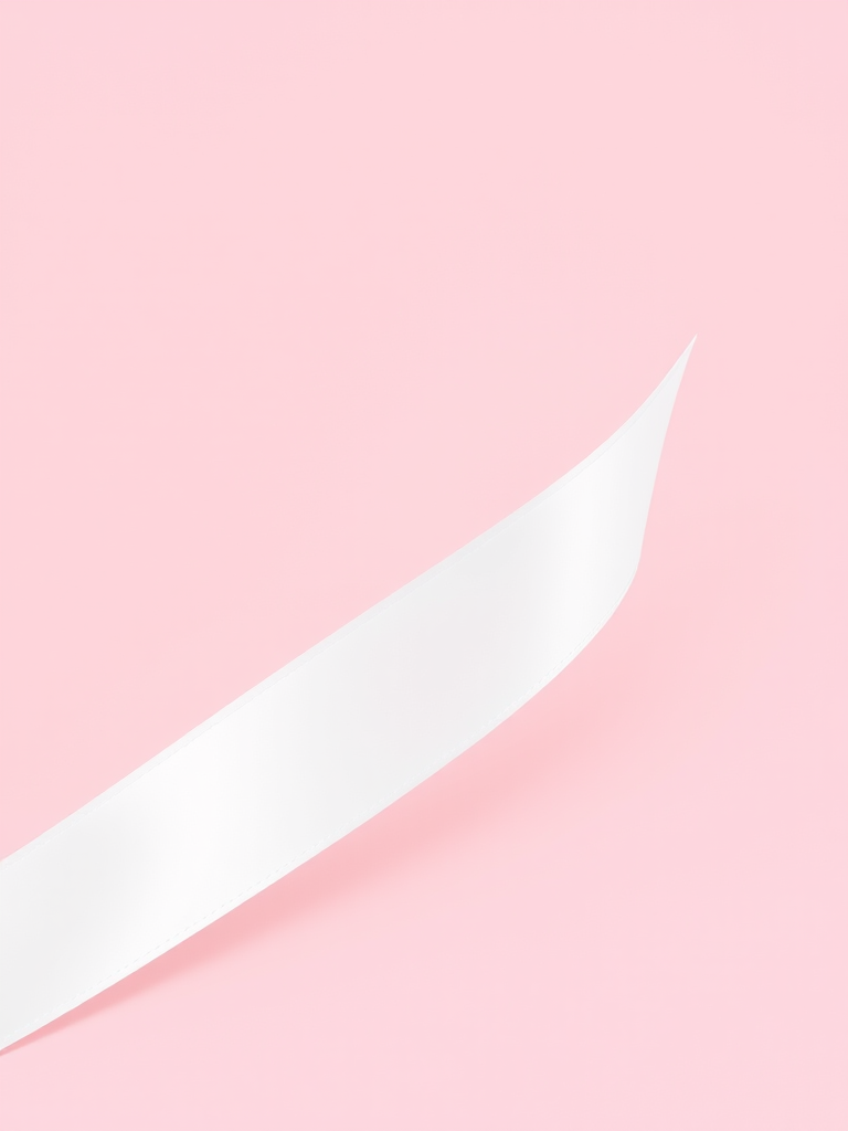 Create a smooth, flowing white ribbon on a soft pink gradient background, with a Canon EOS R5 camera, using a 50mm f/1.8 lens, shooting at ISO 100, shutter speed 1/250s, and aperture f/8, capturing a clean and crisp image with a focus on the ribbon's contours and textures, with a slight depth of field effect to emphasize the subject.