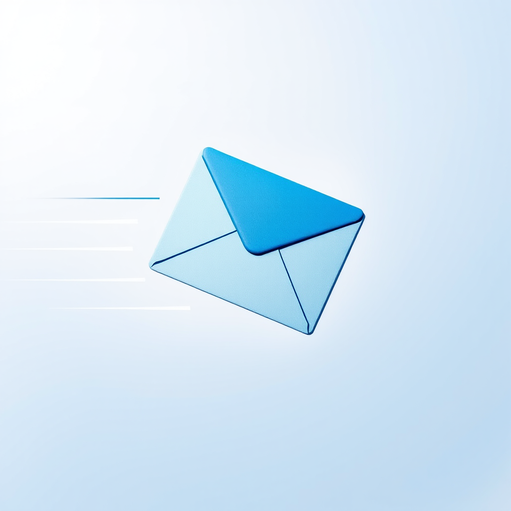 Create an image of a stylized blue envelope with motion lines indicating speed on a soft gradient background, shot with a Canon EOS R5 at f/2.8, ISO 100, 1/200s, using a wide-angle lens to enhance depth and clarity.