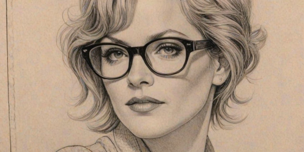 Comely Melanie Griffith, pencil sketch, portrait of Ravishing woman 1929s in glasses, hair style beatnik, outline, clear lines, fine lines, 8k