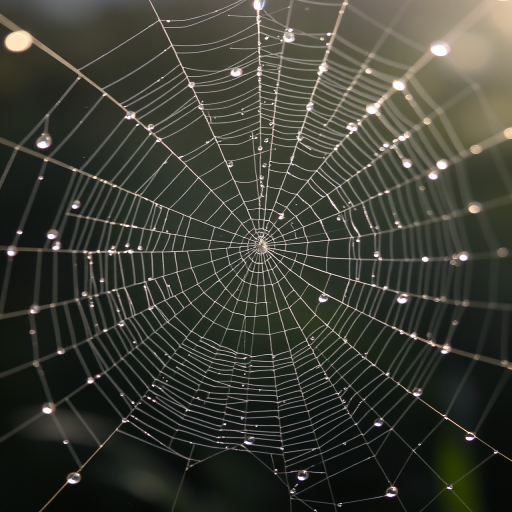 Capture a high-resolution image of a spider web glistening with dew in soft natural light from a low angle, using a DSLR camera set to aperture f/2.8, shutter speed 1/100s, ISO 200, with a macro lens for fine detail and a shallow depth of field to blur the background.