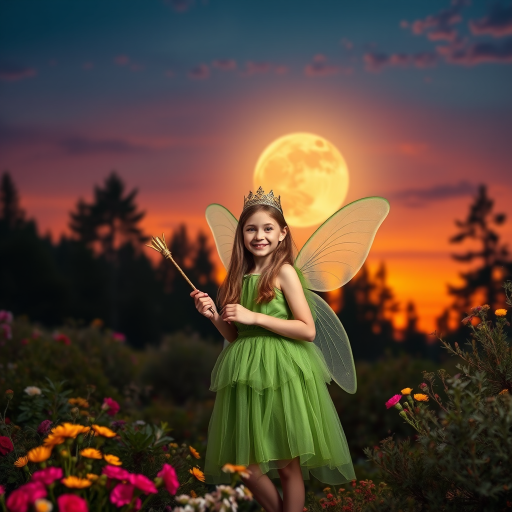 A vivid photo  taken under a bright camera flash of a fantastical scene set against a backdrop of a forest during sunset. The main subject is a girl dressed as a fairy, adorned with translucent wings and a green dress, holding a wand, her face is happy, and she wears a crown on her head. The forest behind her is a blend of flowers, shrubs and trees. The sky is painted in hues of orange and pink, with a large, glowing moon casting a warm glow over the scene. The overall color palette is dominated by earthy tones.