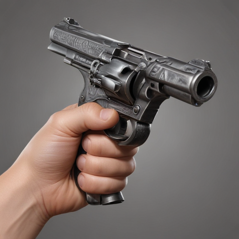 Close-Up of a Hand Holding a Detailed Metallic Handgun in Focus