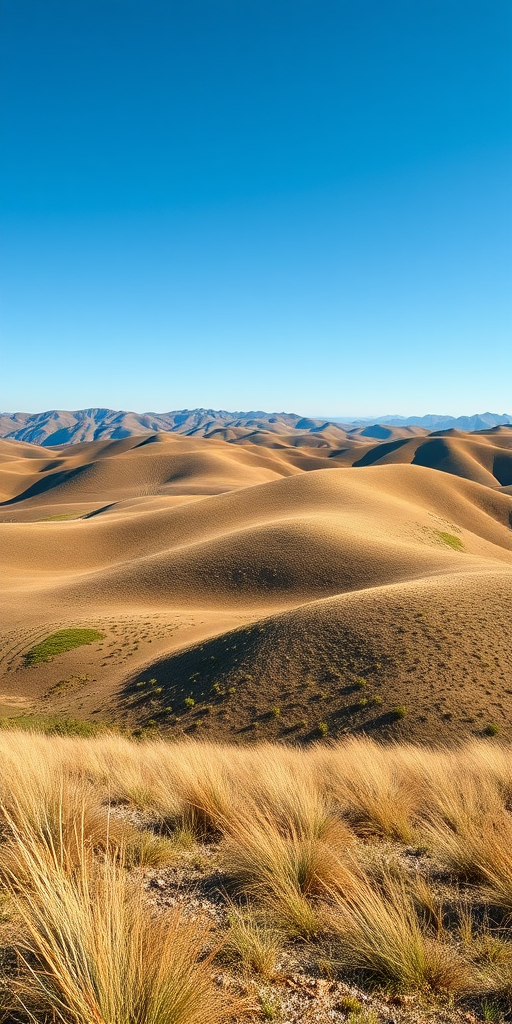 Generate a high-resolution image of a serene landscape featuring rolling hills and a clear blue sky, captured with a Canon EOS R5 at 24mm focal length, aperture f/11, ISO 100, and a shutter speed of 1/200s, using a wide-angle lens for depth and clarity.