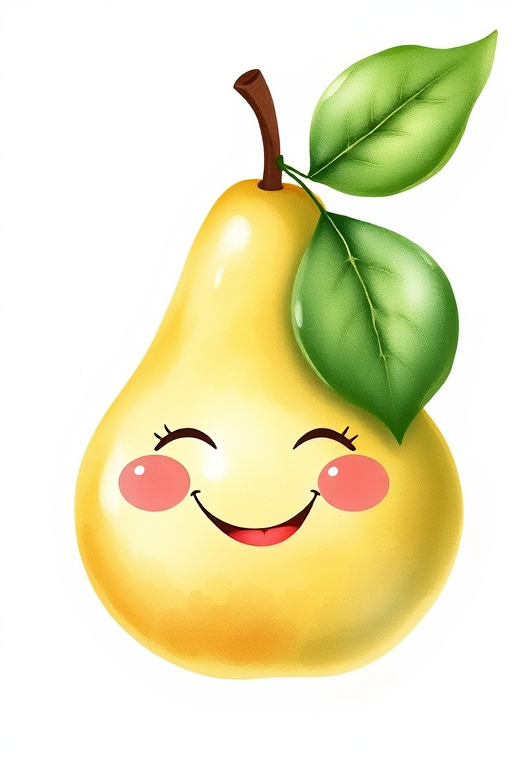 Create a high-resolution watercolor illustration of a smiling pear with a leaf, shot with a Canon EOS R5, 50mm lens, f/2.8 aperture, in natural soft lighting, top-down view to enhance texture and detail.
