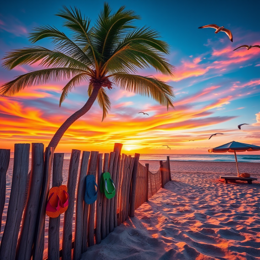 generate a vibrant beach scene with a colorful sunset, featuring a wooden fence with flip-flops hanging on it, a palm tree swaying in the breeze, an umbrella providing shade, and seagulls flying in the sky, using a DSLR camera with a 24mm lens, aperture f/8, ISO 100, shot at golden hour for enhanced light quality and colors, in landscape orientation.
