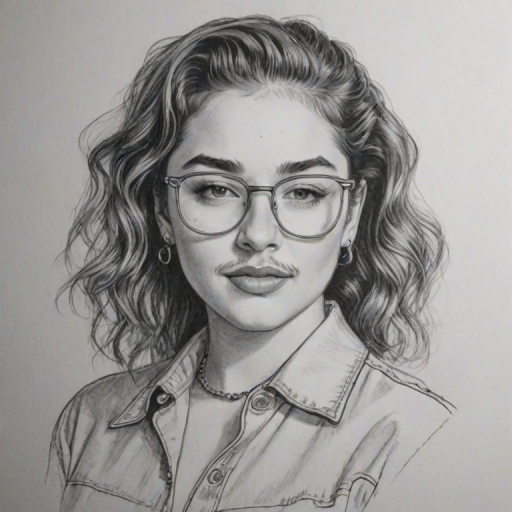 Captivating Post Malone, pencil sketch, portrait of Ravishing woman 1952s in glasses, hair style beatnik, outline, clear lines, fine lines, 8k