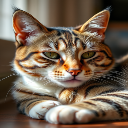 close-up of a resting cat with a shallow depth of field, soft natural light, 50mm lens, f/1.8 aperture, ISO 200, 1/200 sec shutter speed, DSLR camera, portrait view, enhance contrast and sharpness