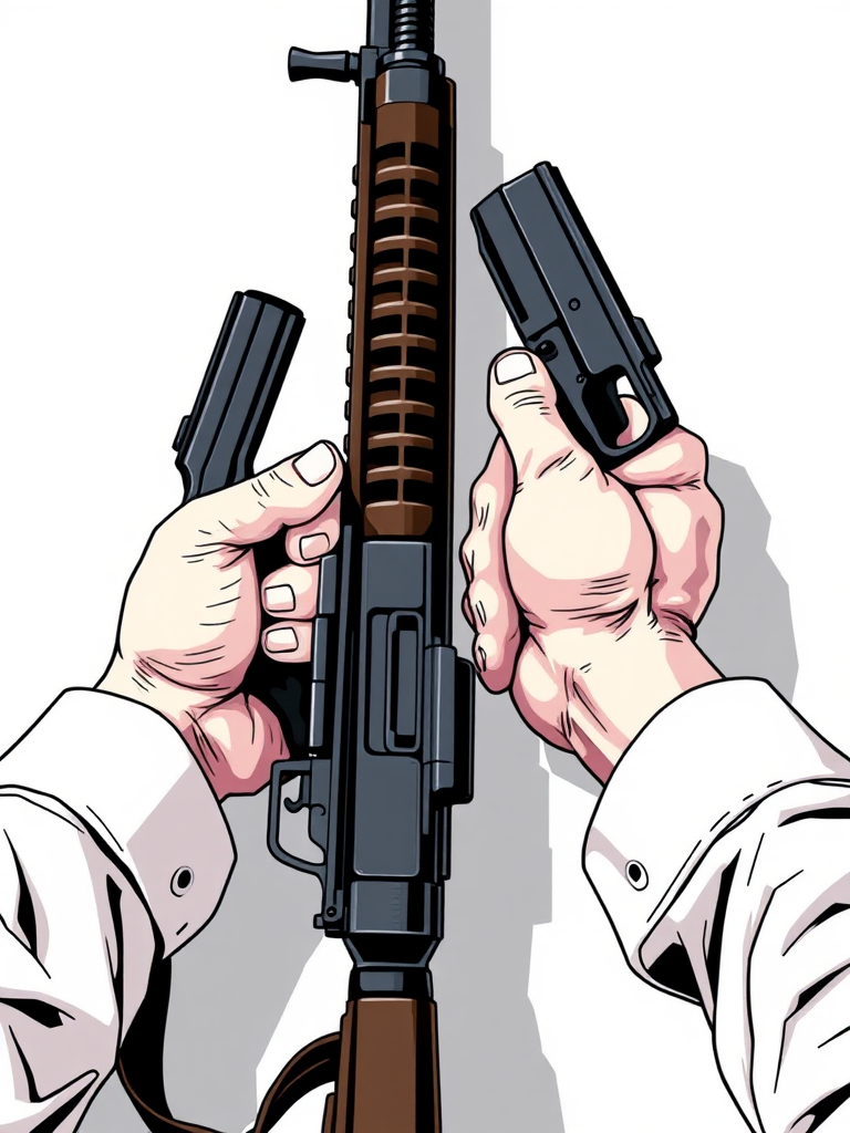Create an illustration of two hands holding a rifle and a handgun, details highlighted with vector style, high contrast, shot with a Canon EOS R5, aperture f/8, ISO 100, 50mm lens, top-down view, using a sharp focus for clarity.