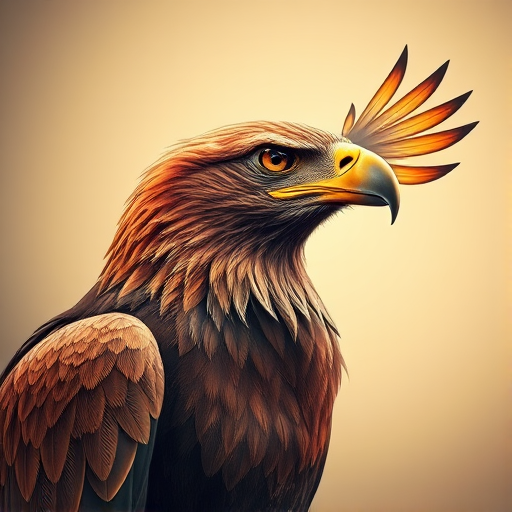 Create a highly detailed digital illustration of a majestic eagle with intricately styled feathers in gold and brown hues, set against a soft gradient background, using a Canon EOS R5 with an RF 50mm f/1.2L lens at f/1.2, ISO 100, 1/200s, in portrait orientation to enhance depth and focus on the eagle's wings.