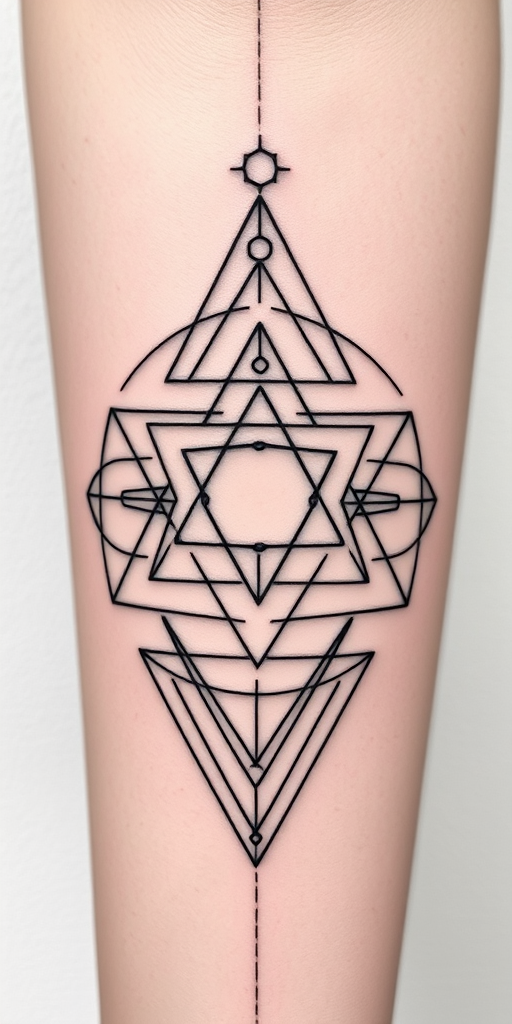 Minimalist blackwork tattoo called "Geometric Harmony" showcasing precise thin lines forming intricate overlapping shapes and sacred geometry patterns creating a striking contrast against the skin
