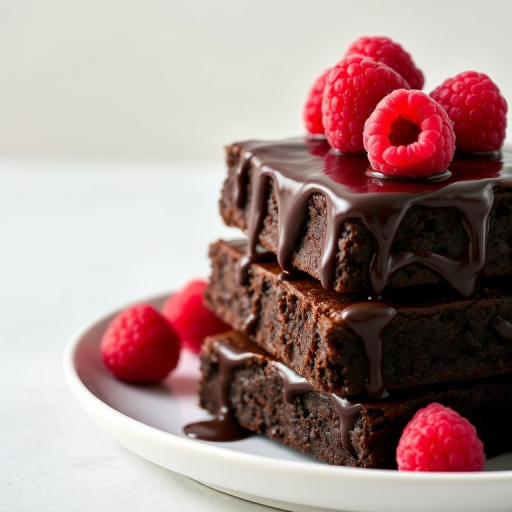 A stack of rich chocolate brownies drizzled with glossy chocolate sauce topped with fresh raspberries on a white plate against a soft, neutral background.