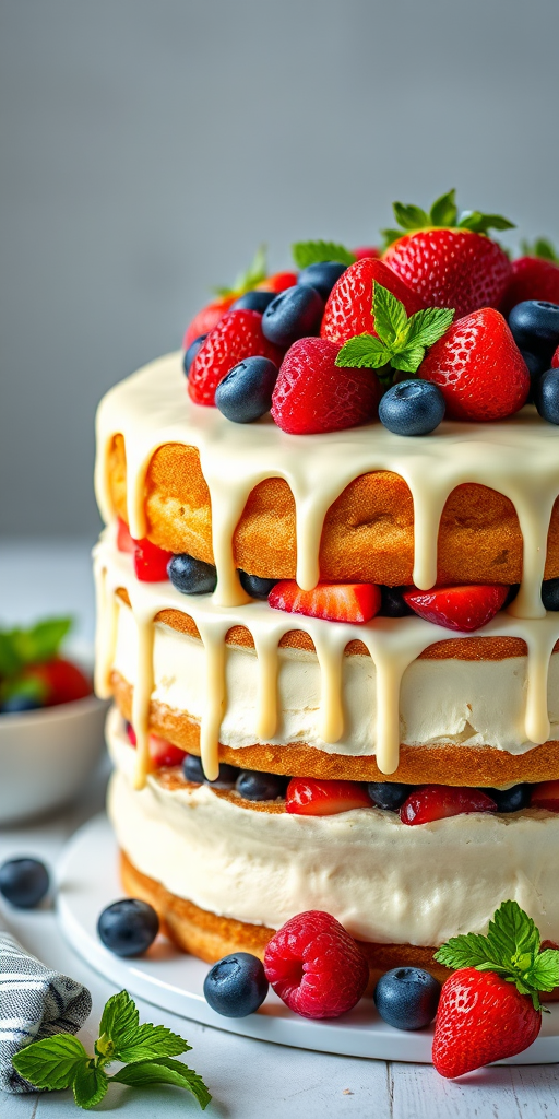 A three-layered vanilla cake with white chocolate drips, topped with fresh strawberries, blueberries, raspberries, and mint leaves, shot with a Canon EOS R5 at f/2.8, ISO 100, 1/60s, using a 50mm lens in soft natural light from the left.