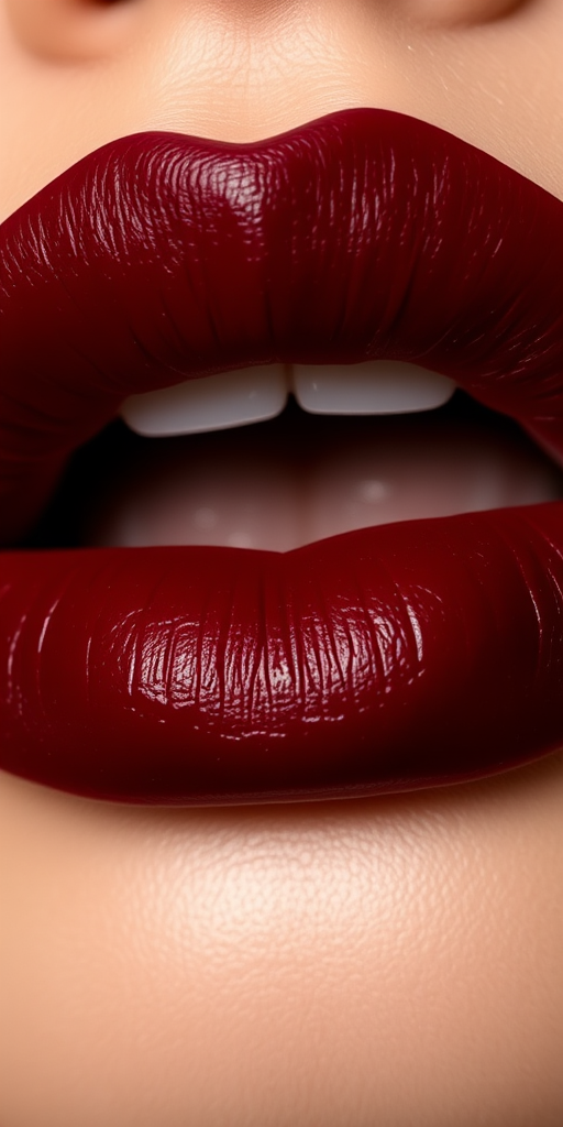 Rich burgundy lips with a velvety matte texture, exuding sophistication and mystery, perfect for a glamorous evening look