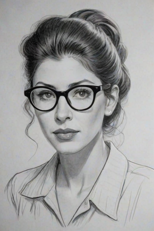 Fetching Marissa Tomei, pencil sketch, portrait of Pleasing woman 1944s in glasses, hair style beatnik, outline, clear lines, fine lines, 8k