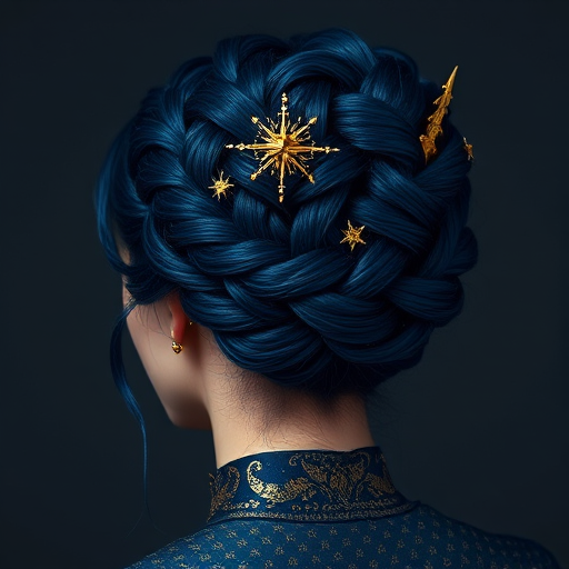 Regal indigo-hued updo with intricate braided patterns and golden thread accents, inspired by starry night skies called "Celestial Empress" exuding mystery and allure