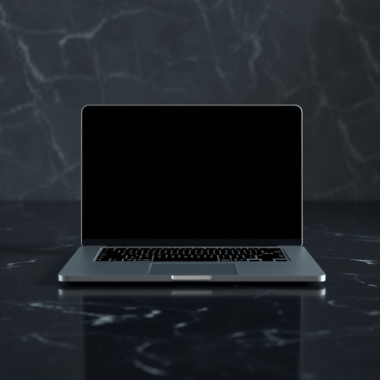 Create a high-resolution image of a sleek laptop with a blank screen placed on a dark, marbled surface using a DSLR camera with a 50mm lens at f/2.8, ISO 100, and a soft focus background to enhance the laptop's details, captured from a slightly elevated angle.