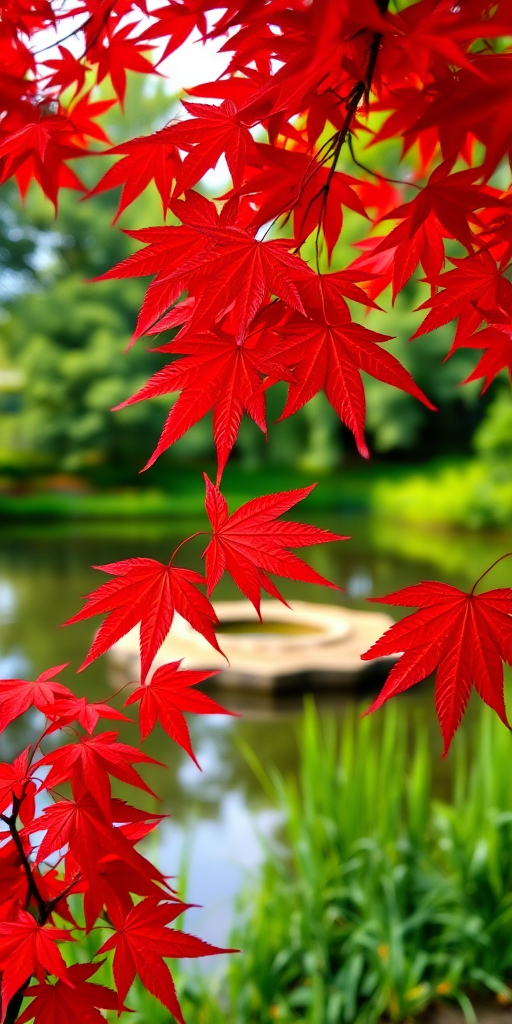 Capture a vibrant image of red maple leaves in the foreground with a soft focus on a serene pond and lush greenery in the background, taken with a DSLR camera at f/2.8, ISO 100, 1/200s, using a 50mm lens in natural daylight, with a shallow depth of field for enhanced details.