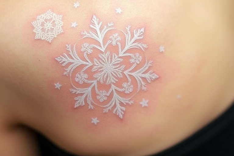 Delicate white ink tattoo named "Whispers of Frost" featuring intricate snowflake patterns and swirling winter motifs, creating a subtle and elegant design that appears to shimmer on the skin