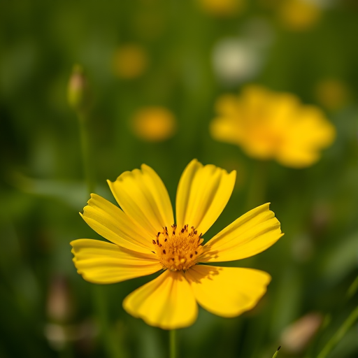 Close-up of a vibrant yellow buttercup flower in a rich green field, shallow depth of field, aperture f/2.8, ISO 200, 50mm lens, soft natural lighting, captured with a digital DSLR, with slight bokeh effect in the background.