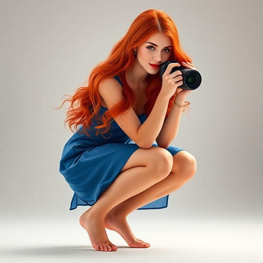 Create a high-resolution vector illustration of a woman with long red hair in a blue dress, crouching playfully, using a Canon EOS R5 camera with a 50mm f/1.2 lens, in a soft-focus background for depth, with natural soft lighting for enhanced skin tones.