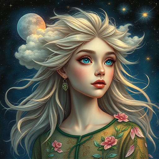 Create a series of imaginative portraits where each subject is infused with elements of fantasy and nature. The hair of the individuals should flow like clouds, varying from soft, fluffy cumulus to wispy cirrus strands, with hints of color reflecting a sunset or a clear blue sky. The eyes should be windows to entire galaxies, with stars, nebulae, and distant planets visible within them. Clothing should be adorned with nature motifs, such as floral patterns that bloom and change, vines that seem to grow and wrap around, or feathers that shimmer with iridescence. Each portrait should capture a unique personality, blending human features with the ethereal beauty of the natural and cosmic world. The backgrounds can vary, from starry night skies to enchanted forests, adding depth and context to the magical realism of the portraits