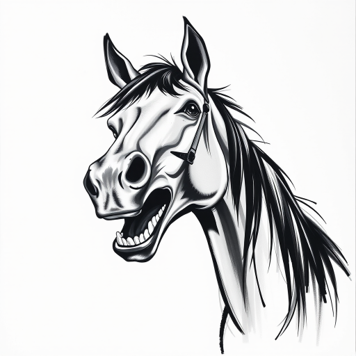 Abstract black and white acrylic portrait of an over exaggerated laughing (horse). Minimalism style. White background.