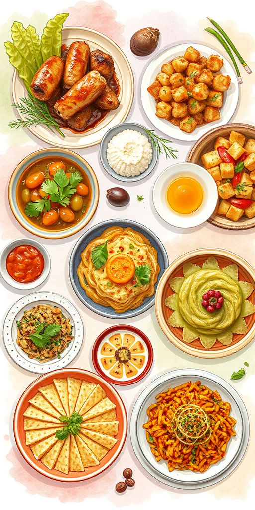 Create a detailed illustration of an array of dishes arranged in a 3x3 grid on a soft watercolor background, using a Canon EOS R5 camera with a 50mm lens, Aperture f/2.8, ISO 100, and a top-down view to capture vibrant colors and textures of the food.