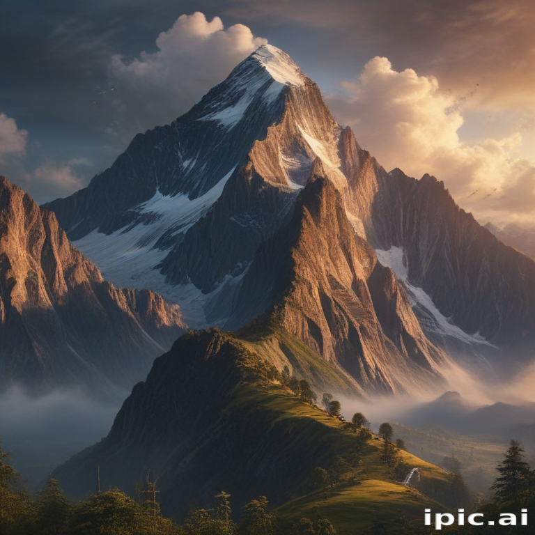 Majestic Mountain Peak Surrounded by Dramatic Clouds and Lush Greenery.
