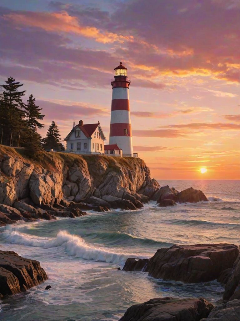 Generate an image of a tall lighthouse perched on a rocky outcrop surrounded by calm ocean waters during a breathtaking sunset. The lighthouse stands sturdy and weathered, its stone surface illuminated by the warm golden light of the setting sun. The sun's rays pass directly through the glass lantern room at the top of the lighthouse, casting a brilliant light across the scene. The sky is painted with vibrant shades of orange, pink, and purple, reflecting off the tranquil sea. The surrounding water shimmers with the same warm hues, creating a serene and majestic atmosphere.