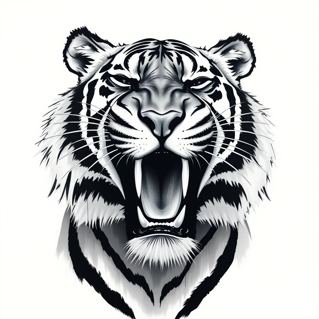 Abstract black and white acrylic portrait of an over exaggerated laughing (tiger). Minimalism style. White background.