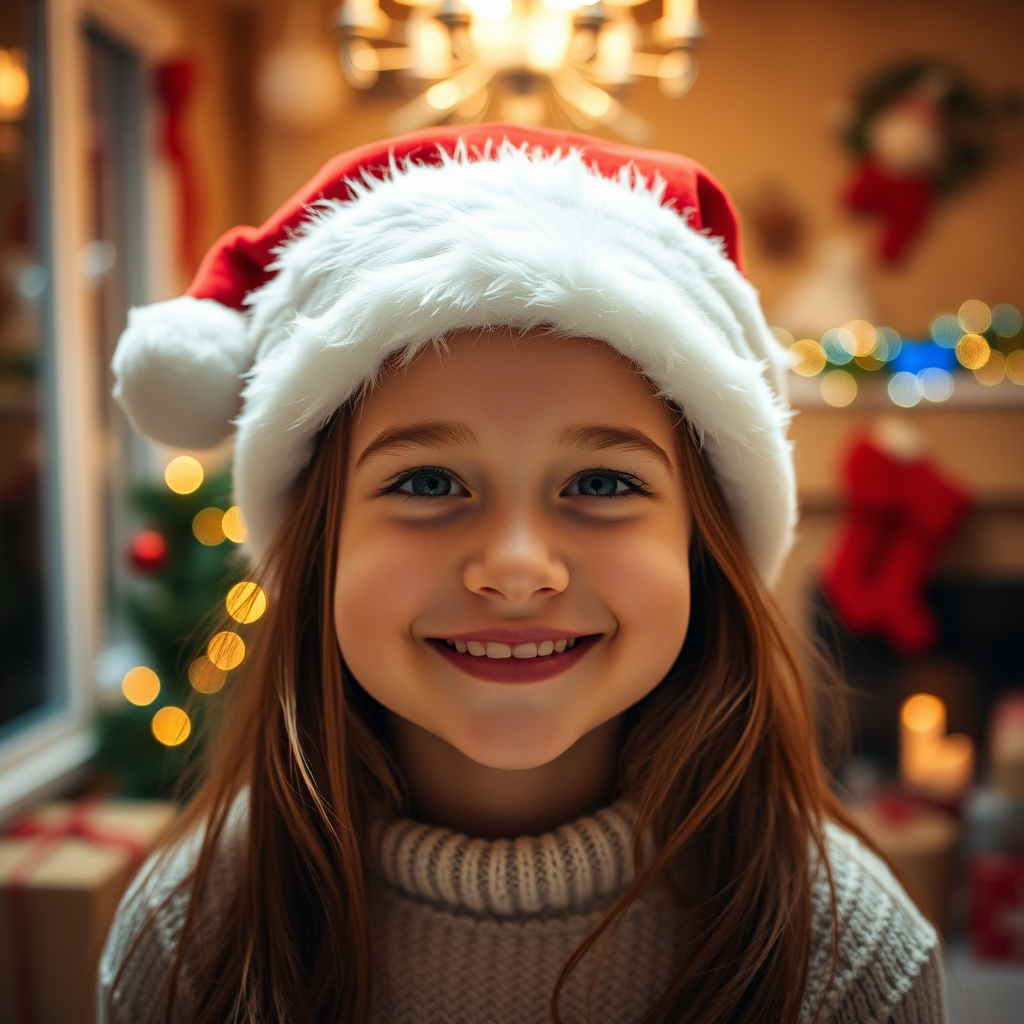 Generate a warm, festive portrait of a smiling girl wearing a Santa hat in a cozy holiday setting with a blurred background of Christmas decorations, camera settings: f/2.8, ISO 200, shutter speed 1/100, camera view: close-up, camera style: soft focus, camera type: DSLR.
