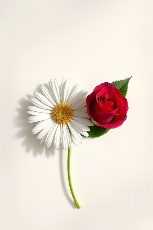 Create a high-resolution image of a daisy, a rose, and a green leaf arranged artistically on a plain background with soft natural lighting, using a DSLR camera with a 50mm lens, f-stop of 2.8, ISO 100, and shot at a 45-degree angle to enhance depth of field.