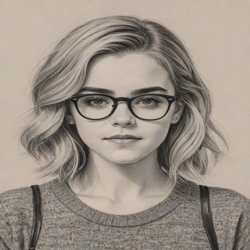 Delightful Kiernan Shipka, pencil sketch, portrait of Pleasing woman 1969s in glasses, hair style beatnik, outline, clear lines, fine lines, 8k