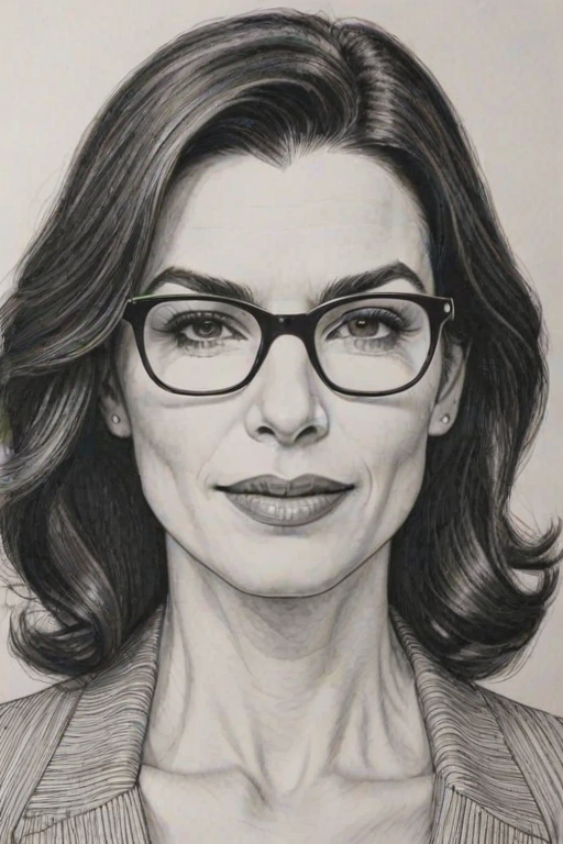 Beauteous Julianna Margulies, pencil sketch, portrait of Splendid woman 1971s in glasses, hair style beatnik, outline, clear lines, fine lines, 8k