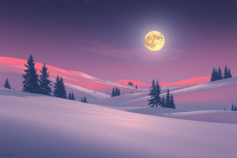 Create a serene winter landscape with pink-hued hills and silhouetted evergreen trees under a glowing full moon, captured with a Canon EOS R5, f/2.8 aperture, ISO 100, 24mm lens, in a high-resolution digital painting style.