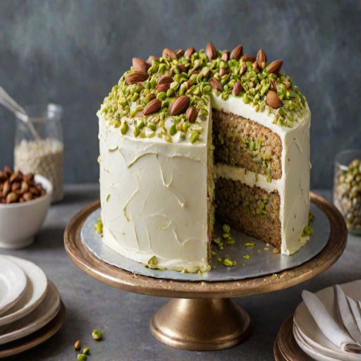 Generate an image of a beautifully decorated cake with a creamy frosting and topped with crushed pistachios. Show a slice being cut from the cake to reveal its layers. The setting should be simple and elegant, highlighting the cake's details.