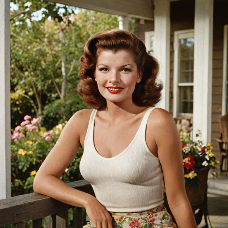 A photo of Rita Hayworth with a background of a cozy porch. She has dark hair pulled back in an updo, with tendrils framing her face. She wears a white tank top and sits on the porch. The porch is part of a well-lit home with a warm, earthy tone and colorful flowers and foliage. The overall scene has a warm, welcoming, and comfortable ambiance.