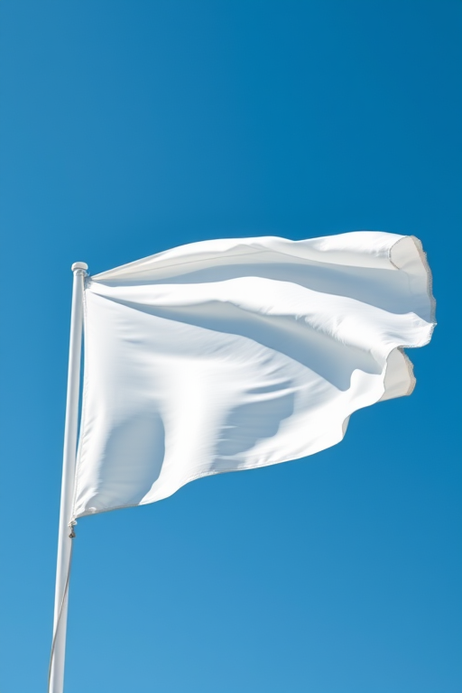 Create an image of a vibrant white flag waving in the wind against a blue sky, captured with a Canon EOS R5, using a 50mm f/1.8 lens, at ISO 100, aperture f/4, and a shutter speed of 1/250s, in a high-resolution, realistic style.