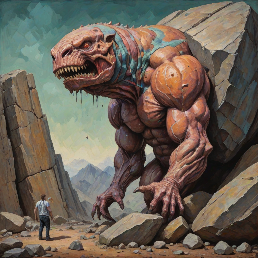 A detailed and anatomically presented mr stone-eater stands and bites into a huge boulder. surreal abstract art, grunge oil colors on canvas, textured background