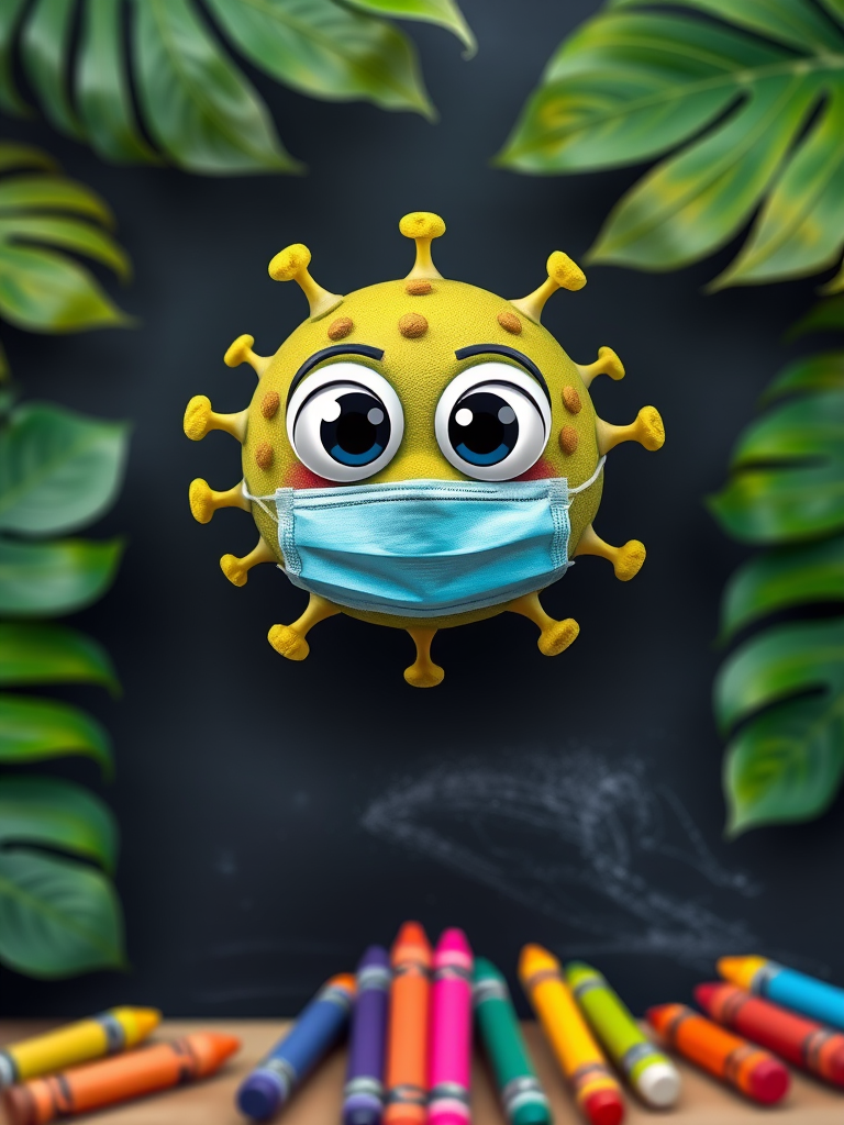 Create a vibrant cartoon virus character with oversized eyes and a smiling face wearing a mask on a chalkboard background, surrounded by tropical leaves and colorful crayons, shot with a DSLR camera at f/2.8, shutter speed 1/60, ISO 200, in a shallow depth of field for enhanced focus.