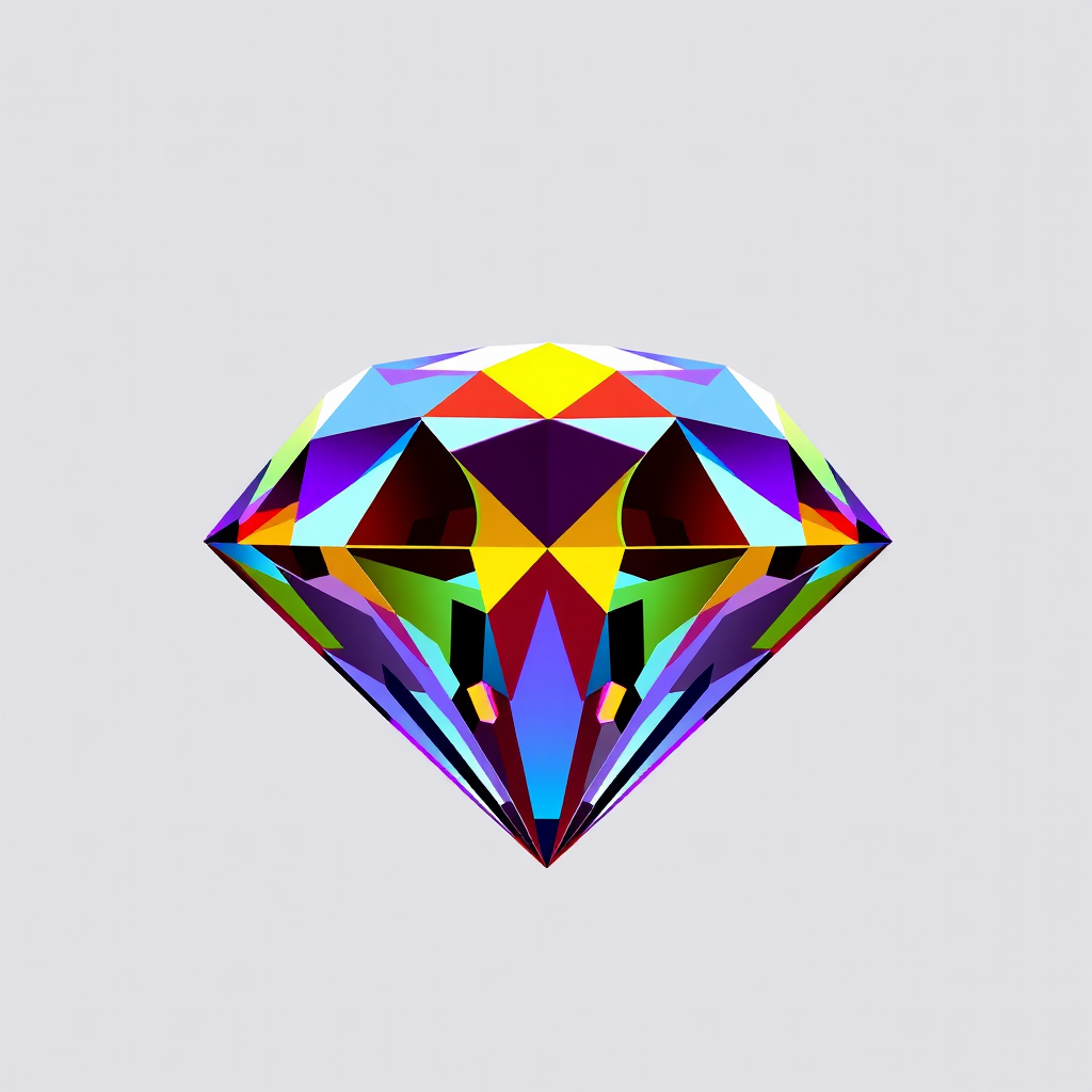 Create a high-resolution image of a diamond icon with a transparent background, using a DSLR camera with a 50mm lens, aperture set to f/8, ISO 100, shot from a top-down view with vibrant colors and sharp details.