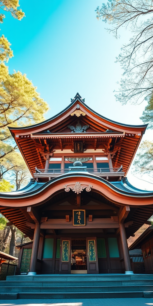 Regenerate an image of a traditional Japanese shrine with intricate wooden architecture, surrounded by lush trees and bright blue skies, taken from a low angle with a wide-angle lens, ISO 200, aperture f/8, shutter speed 1/250s, shot on a DSLR camera.