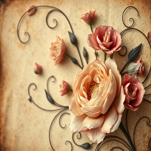 Regenerate a vintage floral composition with intricate swirls and textured background, camera settings: ISO 100, f/2.8, shutter speed 1/60s, camera view: close-up, camera style: soft focus, camera type: DSLR.