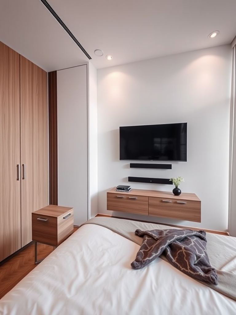 Generate an image of a modern bedroom interior featuring a bed, nightstand, and a flat-screen TV on the wall, captured with a DSLR camera at f/2.8, 50mm lens, ISO 200, in natural light for enhanced quality, using a wide-angle view to emphasize space and detail.
