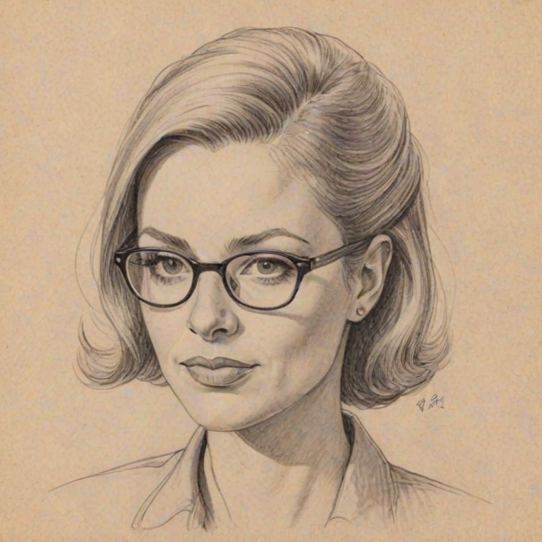 Appealing Debra Wilson, pencil sketch, portrait of Resplendent woman 1941s in glasses, hair style beatnik, outline, clear lines, fine lines, 8k