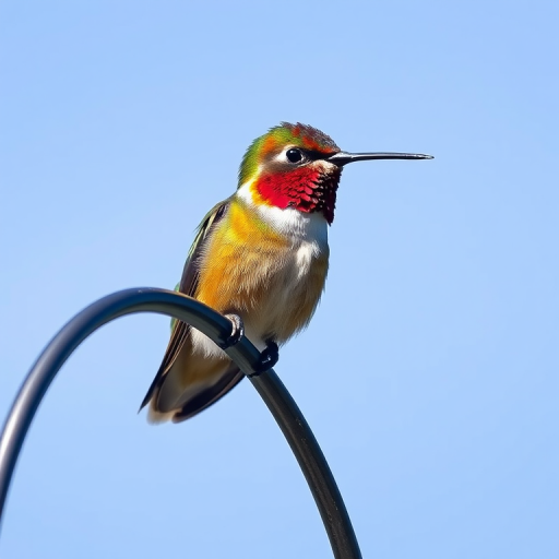 A brightly colored hummingbird perched on a curved metal rod against a clear blue sky, taken with a Canon EOS 5D Mark IV, 100mm lens, aperture f/4, shutter speed 1/2000s, ISO 100, natural light, focus on the bird with a slight bokeh effect in the background.